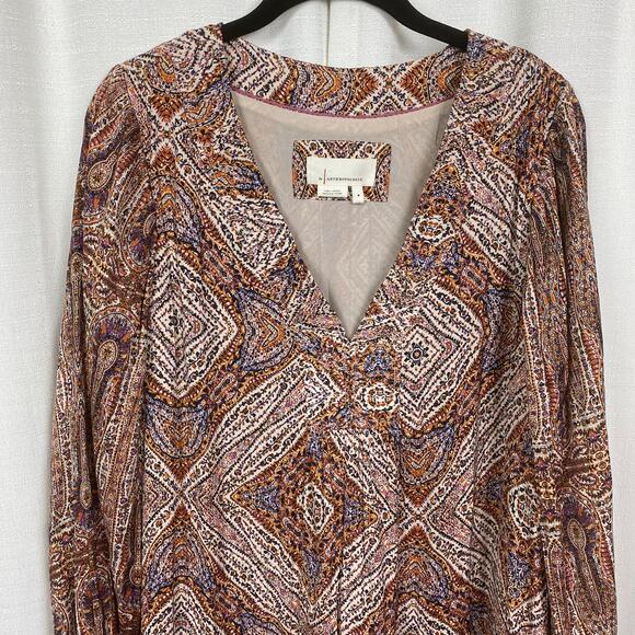 Anthropologie Brown Print Sabia Flounced Tunic Dress Sz.M - Picture 6 of 16